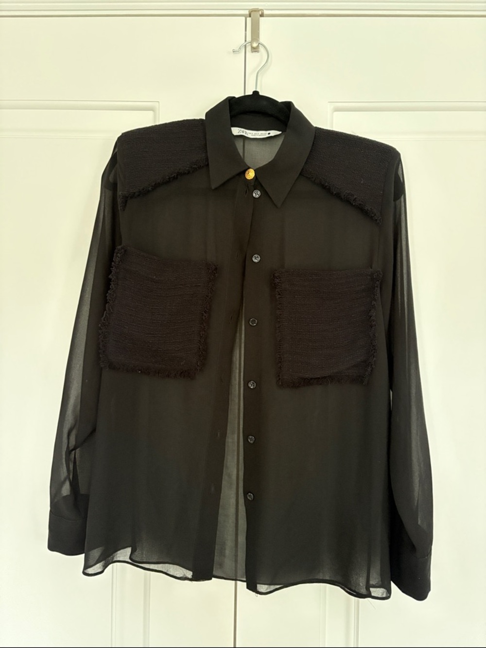 Zara Black Sheer Button-Up Blouse with Textured Pockets